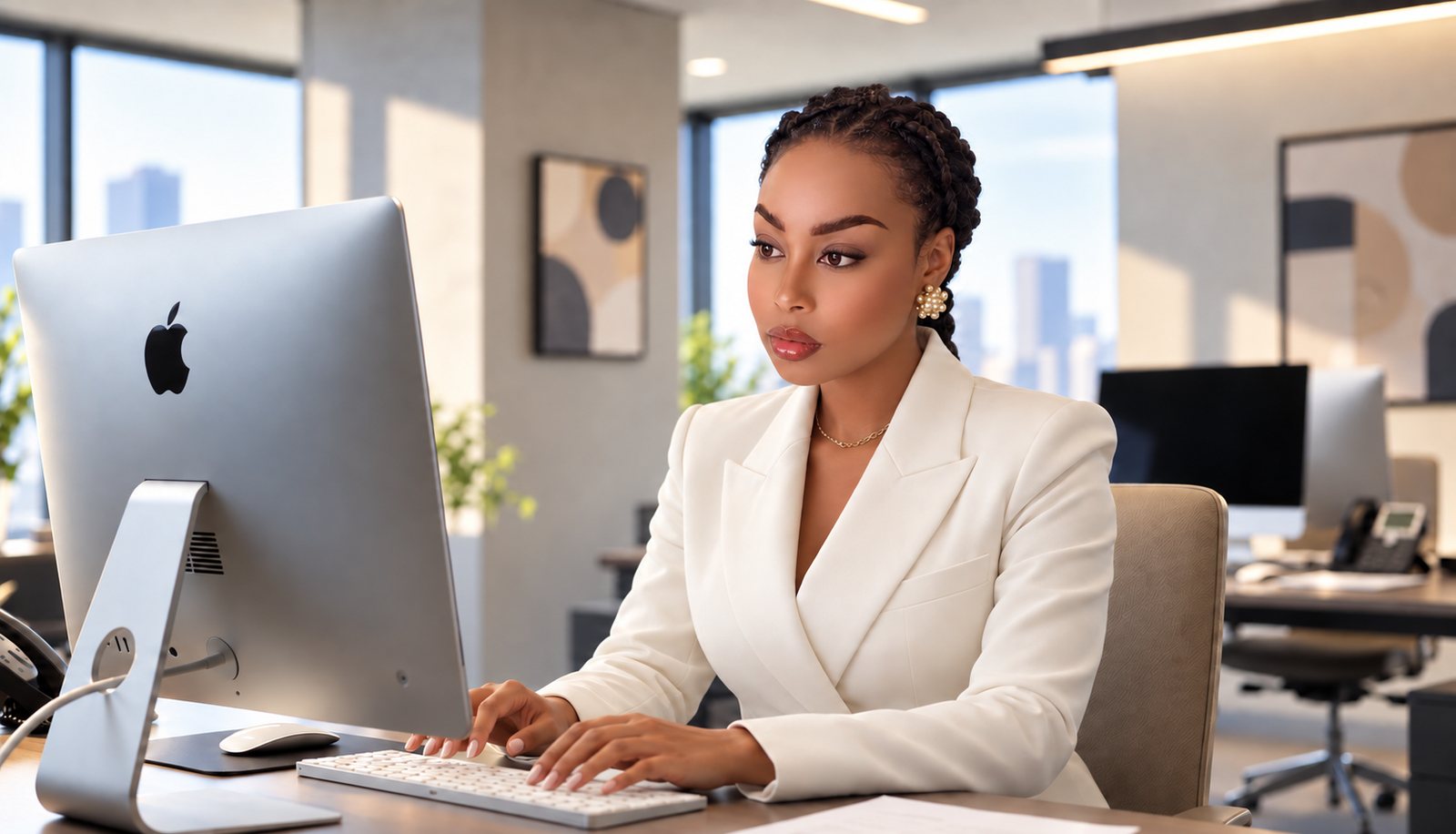 Fatoumata travaillant à son bureau devant un ordinateur